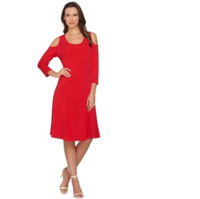Susan Graver Size 2X Red Liquid Knit 3/4 Sleeve Cold Shoulder Dress - Image 1 of 3