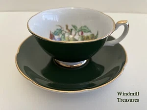 VINTAGE ROYAL GRAFTON CABINET CUP & SAUCER DARK GREEN WITH FRUIT DECAL - Picture 1 of 8