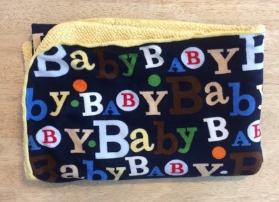 Manta de bebé Sherpa azul minky amarillo circo B A B Y rojo verde marrón letras B Foto 1 de 4
