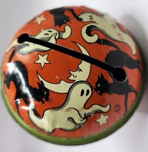 ANTIQUE VINTAGE HALLOWEEN BLACK CATS, GHOSTS, MOON, & STARS TIN TOY NOISE MAKER - Picture 1 of 10