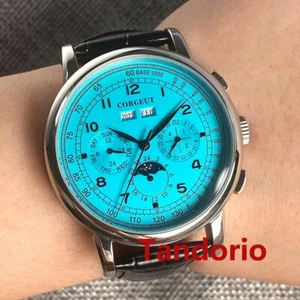 42mm Corgeut Azul Día Semana Mes Multifunción Reloj Automático Correa Cuero  - Imagen 1 de 6