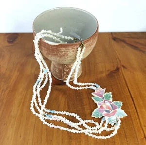 Mother Of Pearl Inlay & Chip Stranded Vintage 1970's Resin Flower Necklace 72cm - Picture 1 of 10