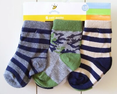 Paquete de 6 calcetines lisos a rayas verdes camuflados azules grises caqui blancos para niños 3-12M Foto 1 de 2