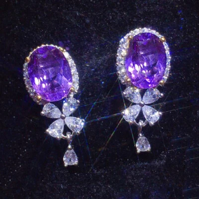 Hotsale Charm Purple Amethyst White Topaz Gems Silver Women Girl Dangle Earrings - Image 1 of 4