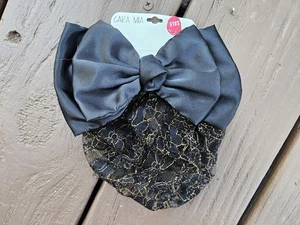 Vintage 80s/90s Cara Mia Satin Black Bow Barrette Black/Gold Lace Bun Net Snood - Picture 1 of 4