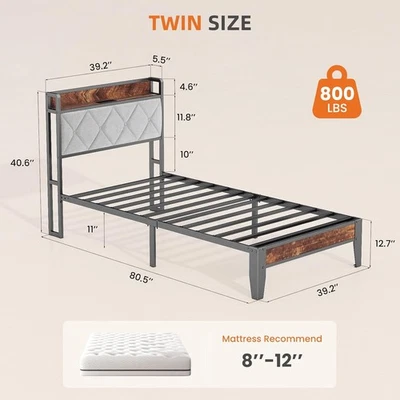 Full Queen Twin King Metal Bed Frame with Headboard Integrated Charging Station - Image 1 of 4
