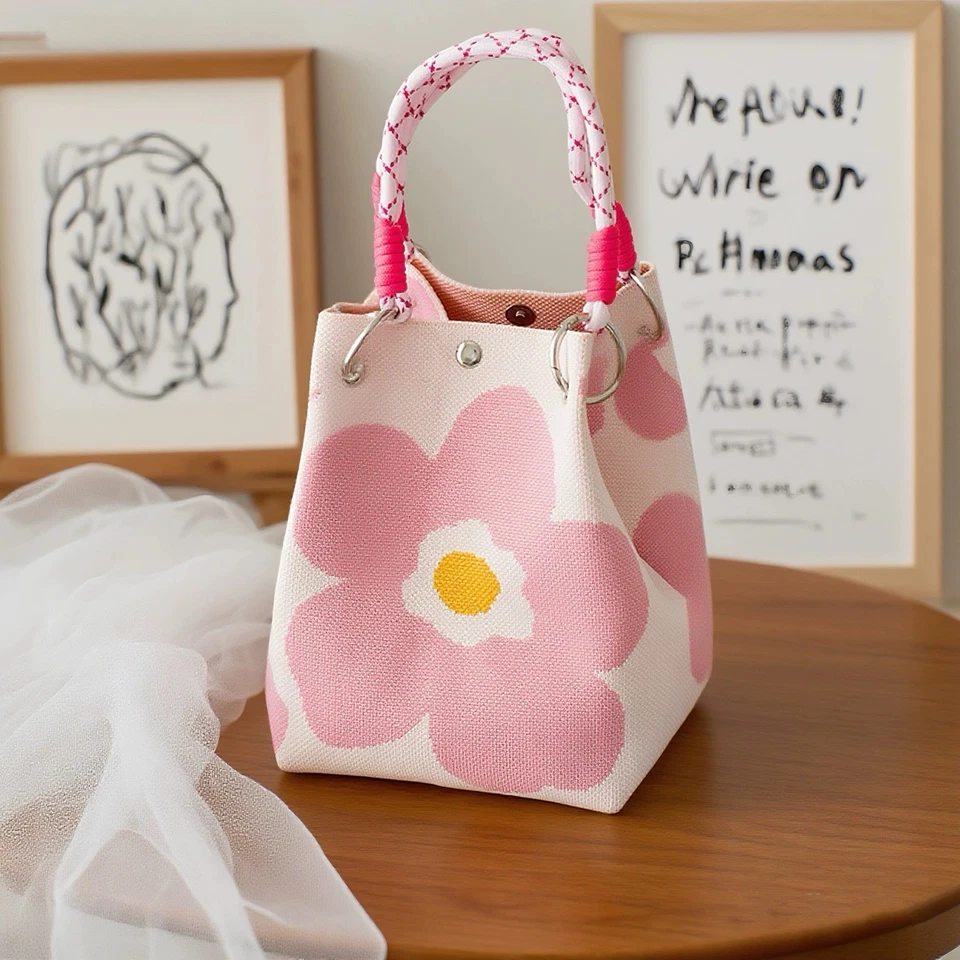 Mini Knitted Bucket Bag In Pale Pink With Braided Handle, Floral Pattern - Image 1 of 4