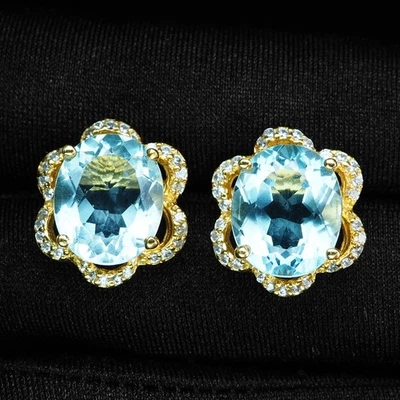 Fabulosos Pendientes Halo Oro 24K Plata de Ley 925 Aguamarina Azul Marino 9.76Ct Foto 1 de 4