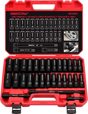 29-Piece 1/2" Drive Impact Socket Set, SAE and Metric Deep Sockets with Socket E - image 1 of 4