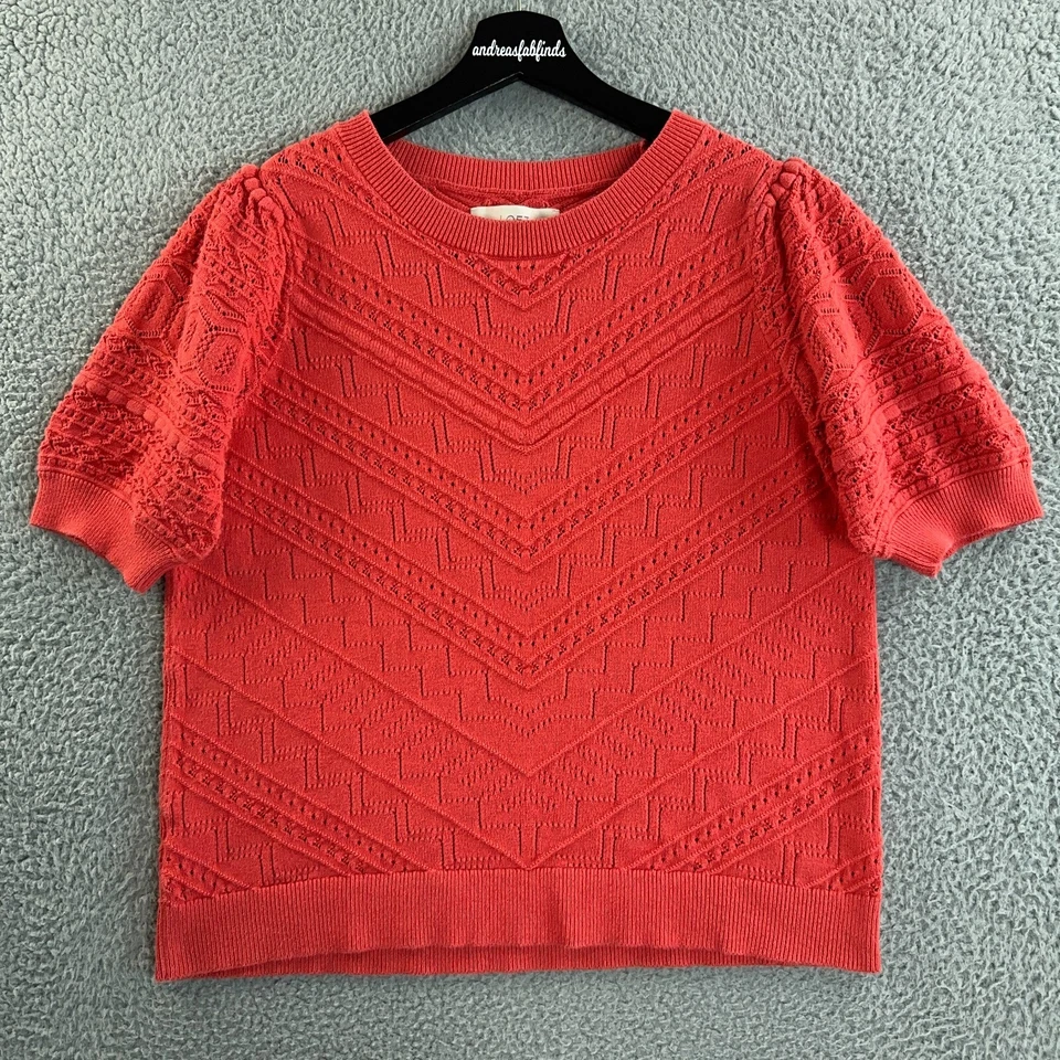 Suéter Ann Taylor LOFT Mujer Grande Coral Naranja Ojales Tejido Manga Abullonada DEFECTUOSO Foto 1 de 4