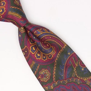 Josiah France Mens Silk Necktie Green Magenta Blue Gold Large Scale Paisley Tie - Picture 1 of 7