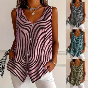 Summer Tanks Womens V-Neck Shirts Vest Button Loose Tops PRINTED Casual TEE Size - Picture 1 of 21