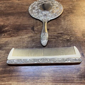 Silver Plated Vanity Set Dresser 2 Piece Comb Mirror Vintage - Picture 1 of 6