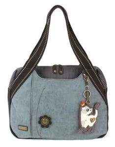 New Chala Handbag Bowling Zip Tote Large Bag Pleather Stone Indigo Blue SLIM CAT - Picture 1 of 6