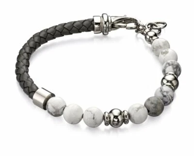 Fred Bennett stainless steel, grey leather and howlite bracelet - Image 1 of 2