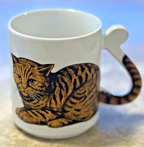 Vintage Katze Kaffeetasse Becher Orange Schwarz Streifen Tabby Schwanz Griff Japan 10 Unzen - Bild 1 von 6