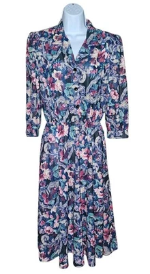 VTG California LOOKS Elastic Waist Button Up Front Floral 3/4 Sleeve Dress 12 - Image 1 of 4
