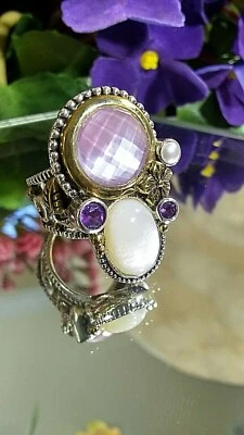 1”IN STERLING& BRONZE AMETHYST DOUBLET MOONSTONE  PEARL FLOWER RING Sz6 Dream - Image 1 of 4