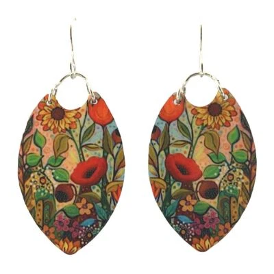 Artista Wildflowers Oval Orange Red Green Handmade Artisan Earrings 1.75L - Image 1 of 3