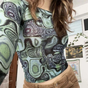 Fashion Long Sleeve Vintage Sheer Print Mesh Eye Of The Earth T-Shirt Women casu - Picture 1 of 9