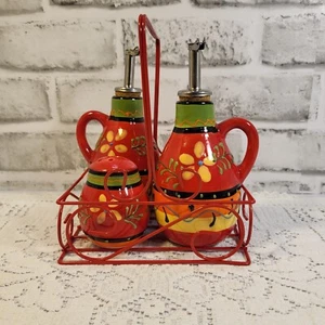 Colorful Pottery Oil &Vinegar with Salt & Pepper Shakers Set from Spain - Picture 1 of 9