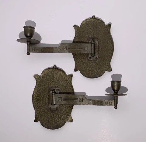 ARTS & CRAFTS JUGENDSTIL BRASS COPPER WALL CANDLE SCONCES Hand Hammered Cover