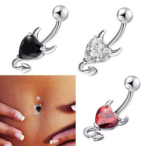 Devil Design Belly Bar Piercing Crystal Navel Ring Colours Available UK Seller