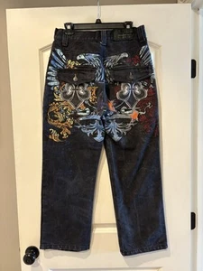 Vintage y2k Premium RB Jeans Raw Blue Fleur De Lis Embroidery Size 30x28 - Picture 1 of 5