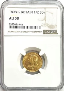 1898 GOLD GREAT BRITAIN 1/2 SOVEREIGN QUEEN VICTORIA COIN NGC ABOUT UNC 58 - Picture 1 of 2