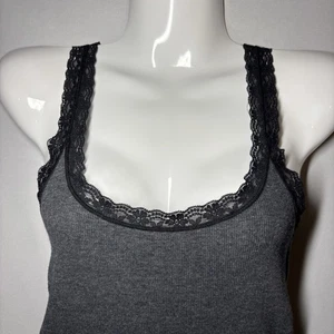 American Eagle Outfitters Gray Y2K Small Stretch Rib Long Fitted Cami Lace Trim - Picture 1 of 14