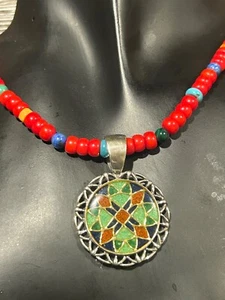 CAROLYN POLLACK SOUTHWESTERN KORALLE & MULTI-EDELSTEIN HALSKETTE MIT MOSAIK ANHÄNGER - Bild 1 von 4