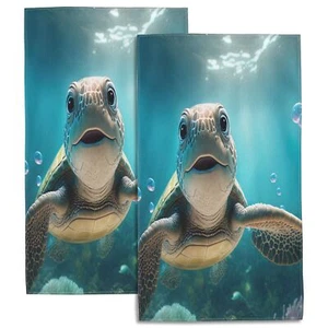 Turtle Bath Hand Towels Set of 2 Cute Smiling Turtle Under Sea Decorative Bat... - Picture 1 of 7