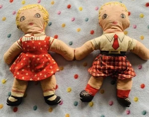 2 Vintage Soft cloth dolls schoolboy and schoolgirl 50s/60s ? Era Reds - Picture 1 of 10