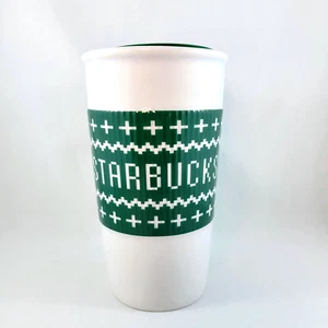 Starbucks Travel Mug 2016 With Lid 3-D Faux Coozie And Knitted White Green Coffe - Picture 1 of 14