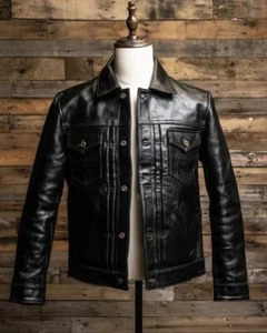 Hardline' Jacket In Real Vegetable Cowhide Leather ,Trucker jacket ,Jeans Style - Picture 1 of 3