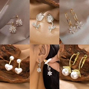 Korean Fashion Heart Shape Pearl Earrings with Steel Post and Rhinestones - Picture 1 of 31