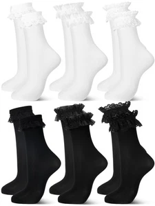Fourluoo 6 Pairs Lace Ruffle Frilly Ankle Socks for Women Casual Cute Breatha... - Picture 1 of 7