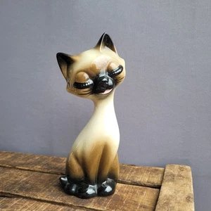 Figura de gato Kitsch años 50 cerámica ojos grandes bonito retro gato siamés oriental - Imagen 1 de 5