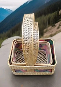 (1) Nesting Set Wire Rectangle Golden Metallic Yellow Easter Baskets - Picture 1 of 4