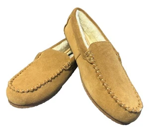 Land’s End Fur Lined Leather/Suede Moccasin Slip On Slippers TAN SZ 7 - Picture 1 of 7