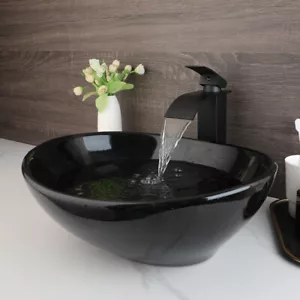 Set rubinetti da bagno ovale nero lavabo ceramica miscelatore a cascata montaggio a ponte scarico - Foto 1 di 10