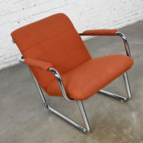 Vintage All Steel Inc. Modern Armchair Original Orange Hopsacking & Chrome Frame Cover