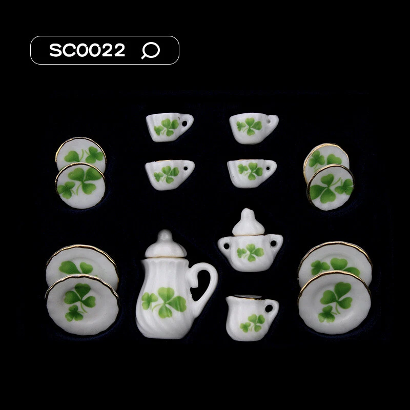 COLLECTROOMI 15PC Dollhouse Miniature 1/12 Lucky Clover Pastoral Coffee Set Villa Kitchen