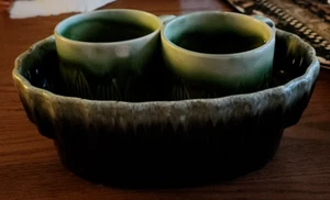 Planter Bowl 8" W Oval with Cups (8 oz.) Set Hull Pottery I-21 Green Dip Glaze ! - Picture 1 of 16