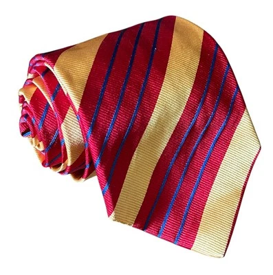Corbata Ben Plateada Cuello Para Hombre Rojo y Amarillo Rayas Modernas Seda Hecha a Mano Reino Unido Foto 1 de 4