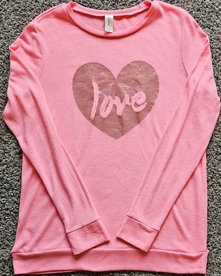 No Boundaries Pink Long Sleeve Top with Heart 'Love' Graphic Women's Sz M (7-9) - Image 1 of 4