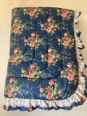 Vintage Croscill Home Rose Floral Eyelet Lace Blue Twin Comforter  Made USA  NEW - Image 1 of 4