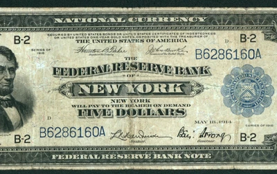 $5 1918 Moneda Nacional Reserva Federal Banco de Nueva York ** PAPEL MONEDA Foto 1 de 3