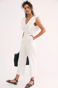 En Saison Free People Rüschen-Overall Plissee spitz zulaufendes Bein V-Ausschnitt weiß Small - Bild 1 von 10