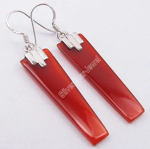 GRAB SPECIAL DISCOUNT 925 Silver RED CARNELIAN Long Flat Stones Earrings 2.1" - Picture 1 of 3
